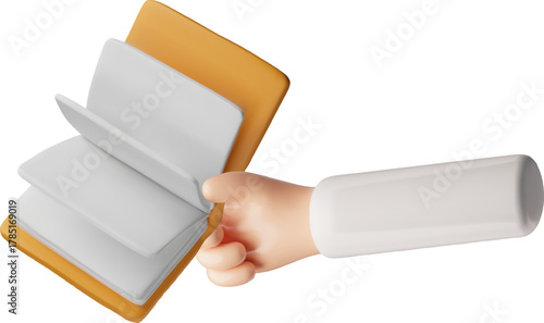 Book in hand 3D style vector render illustration, brown hardcover opened book with white sheets, library literature