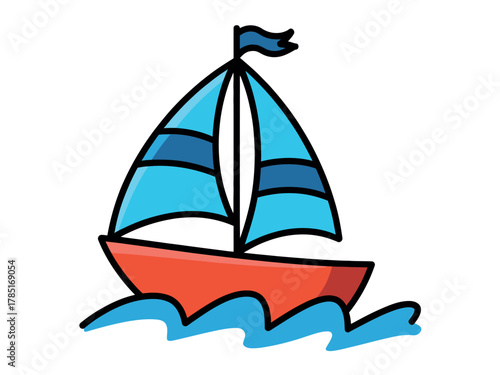 Simple cartoon sailboat with blue sails gliding on wavy water under a flag