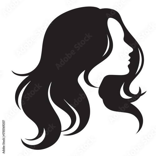 Silhouette of a woman with long wavy hair isolated on white background Flat Design