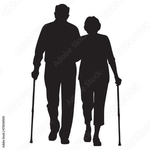 Silhouette of elderly couple walking with canes isolated on white background