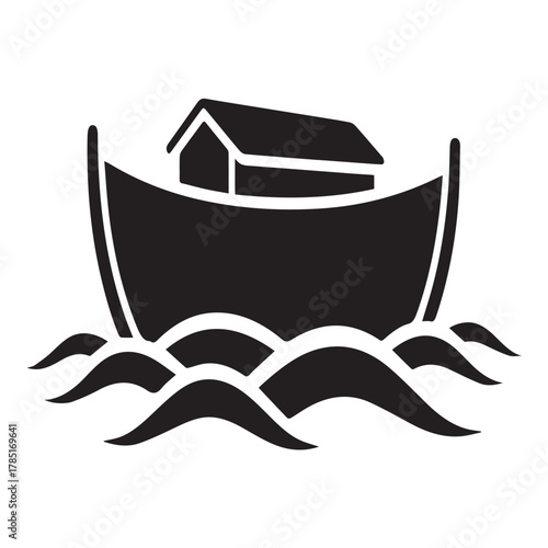 Black and white illustration of noahs ark on water isolated on white background