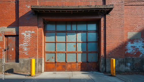Fototapeta Naklejka Na Ścianę i Meble -  Old brick building facade features large weathered garage door with glass panels. Adjacent small rusty door and yellow bollards stand outside. Industrial exterior shows signs of age and wear.