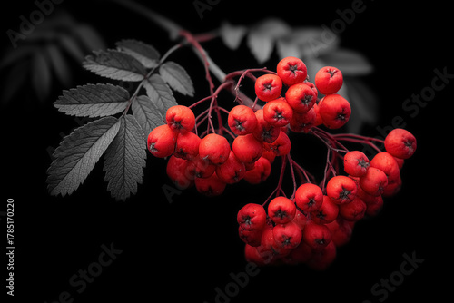 Rowan-tree branch with bright red berries on a dark background. Macro photography, close-up. 