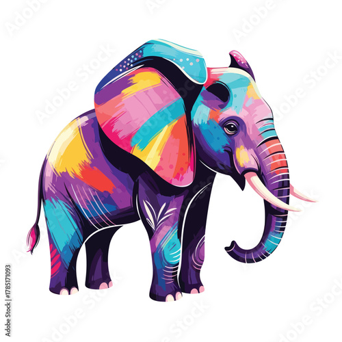 Vibrant colorful elephant illustration perfect for kids' room décor or educational materials with a playful, artistic design