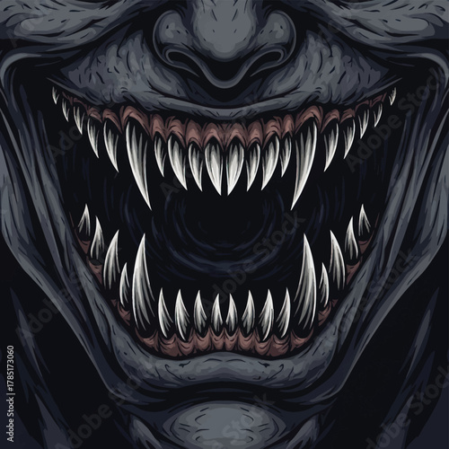 Terrifying monster face with sharp teeth, perfect for horror themed designs