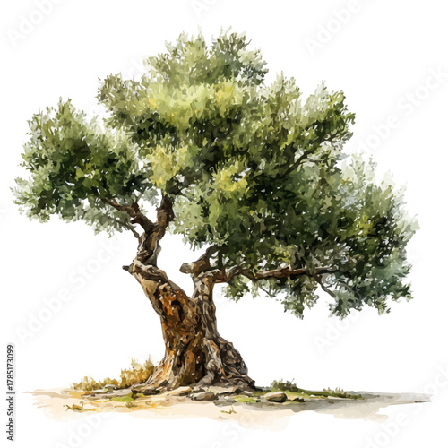 Olive Tree in watercolor style, vector illustration, isolated on white background.