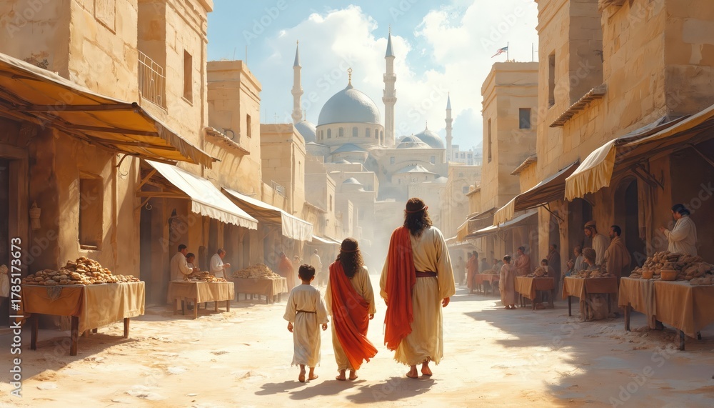 Obraz premium Jesus with Mary and Joseph walk through ancient marketplace toward temple. Young Jesus learns, talks with elders. Family travels for Passover celebration. Religious scene.