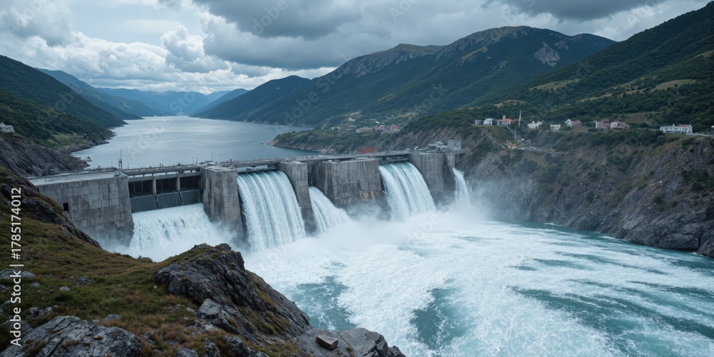 Fototapeta premium Renewable Energy Hydroelectric Dam Water Flow Aerial view of a large hydroelectric dam generating power from water flowing through spillways