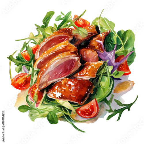 Peking Duck Salad in watercolor style, vector illustration, isolated on white background.