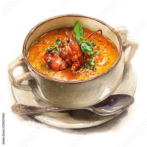 A watercolor painting of Lobster Bisque, vector illustration on white background.