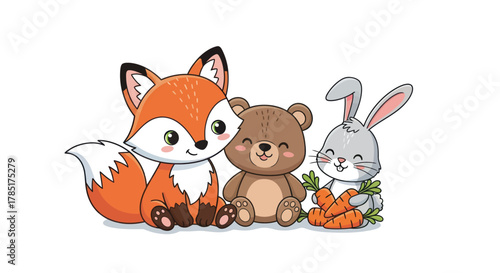 Adorable fox, bear, and bunny friend group cartoon graphic for children's storybooks and designs