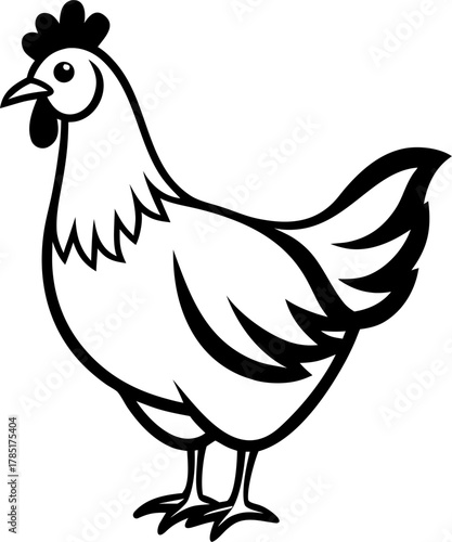  Hen standing profile, minimal outline vector icon , Vector line art icon, Black And White  white background
