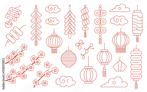 A collection of traditional Chinese New Year decorations and symbols, including firecrackers, lanterns, and plum blossoms.