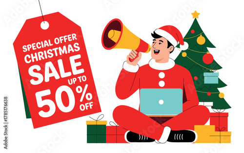 A man in a Santa suit announces a Christmas sale of up to 50% off with a megaphone next to a decorated tree.