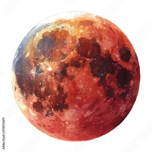 Watercolor vector illustration of Lunar Eclipse, isolated on white background.