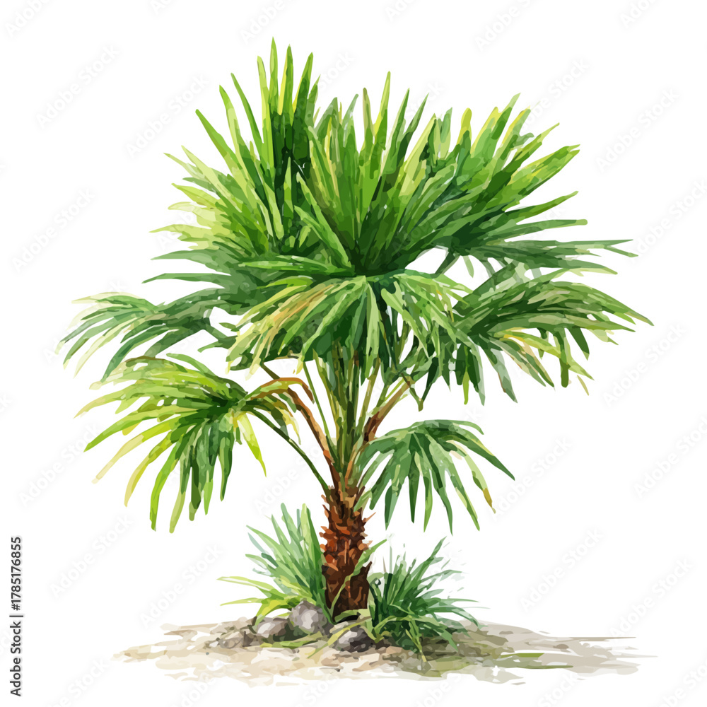 Fototapeta premium Watercolor vector illustration of Palm Plant, isolated on white background.