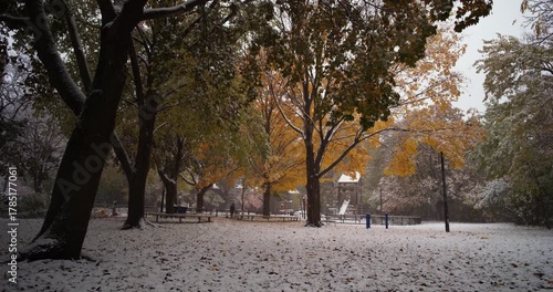 Wallpaper Mural Snow Storm in City Park with Leaves and People in Toronto Canada Torontodigital.ca
