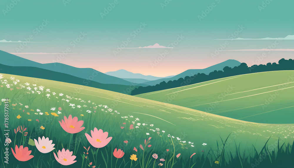 Fototapeta premium Beautiful rolling green hills with wildflowers and distant mountains