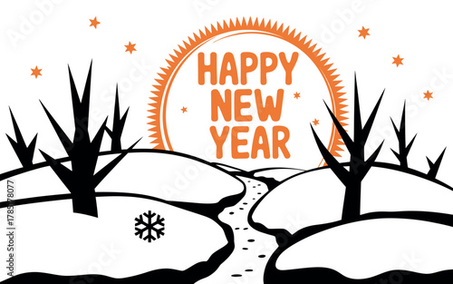 A stylized winter landscape with bare trees and a winding path announces a Happy New Year with an orange sunburst and snowflakes.