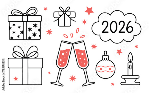 Celebration of the year 2026 with gifts, champagne, and a candle.