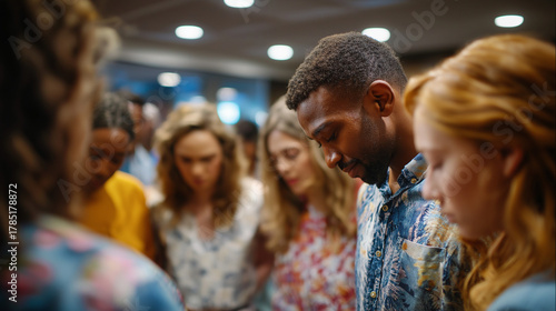 Choir members praying together in circle before service, unity, faith, ministry, community, prayer, with copy space