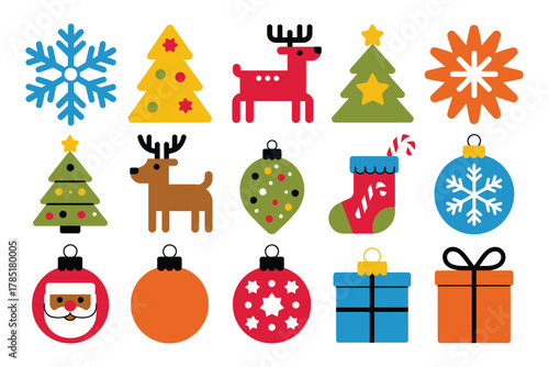 A collection of festive Christmas icons including snowflakes, trees, deer, and ornaments.