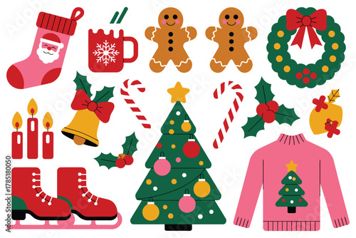A collection of festive Christmas icons including a stocking, hot cocoa, gingerbread men, and a tree.