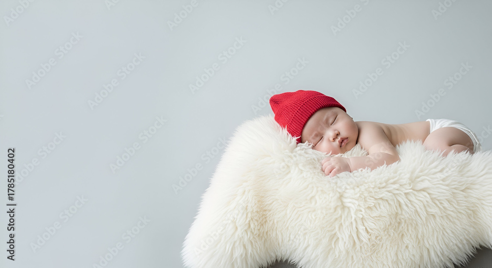 Obraz premium Baby sleeping peacefully on fluffy blanket with red hat on head 