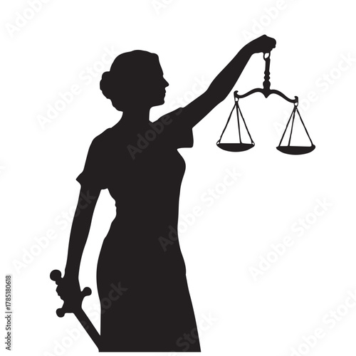 Silhouette of lady justice holding scales and sword isolated on white background