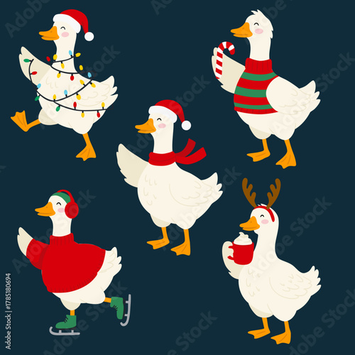Set of cute winter geese on skate, with candy can, hot drink and in the hat and scarf. Vector illustration in flat cartoon style for greeting cards, season greetings, end other design.