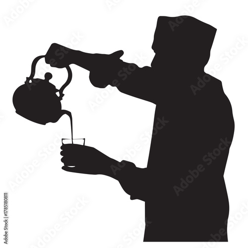 Silhouette of a man pouring tea from a teapot isolated on white background