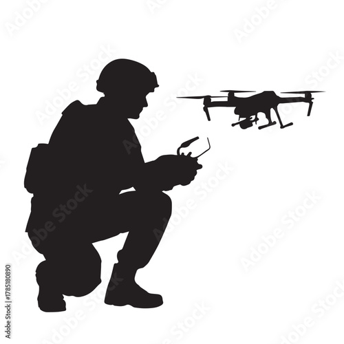 Soldier operating drone isolated on white background in a military setting
