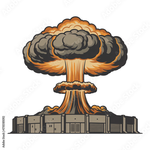 A nuclear explosion erupts from a building, isolated on white background