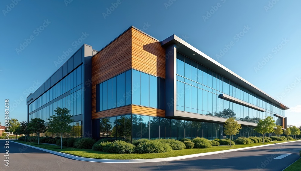 Fototapeta premium Modern office building with glass facade and wooden panels. Exterior features clean lines and contemporary architecture. Rich green landscaping surrounds the corporate structure.