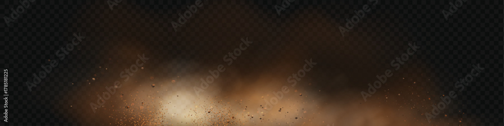 Fototapeta premium Brown dune explosion with yellow flying sand, dirt clusters, and textured wind effect.