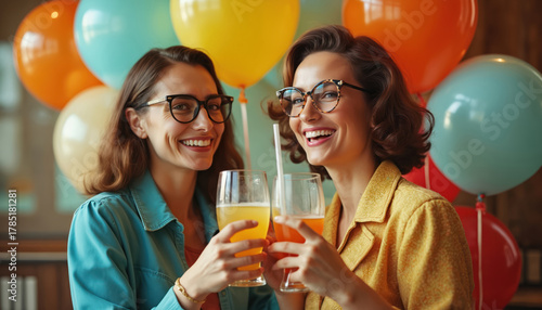 Two women friends wear glasses, hold drinks, and smile beside colorful balloons. They celebrate a happy occasion together, enjoying drinks and conversation in a festive mood.