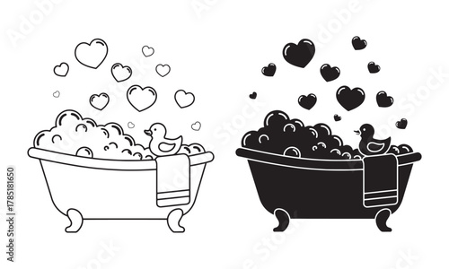 Bathtub filled with heart bubbles Icon. Bathtub with rubber duck and towel Vector