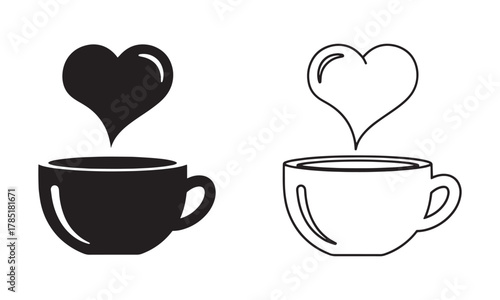 Coffee cup with heart steam Icons. Love or self-treat moments Vector