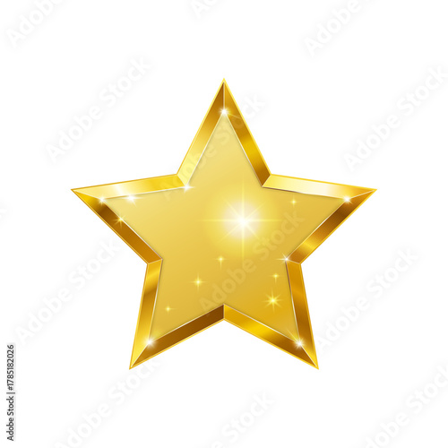 Sparkling golden 3D star with bright glitter reflections and shiny metallic surface, luxury vector award icon for celebration, VIP design, success, or premium festive decoration illustration