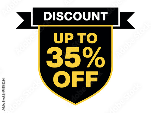 A graphic illustration displays a discount offer of up to 35% off, signifying a sale.