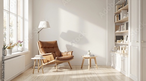 Sunlit modern living space featuring a comfortable armchair and bookshelf