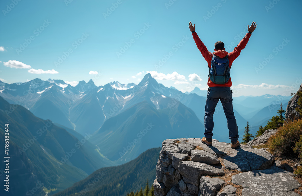 Obraz premium Man stands on cliff edge arms raised, celebrating mountain summit victory. Vast landscape, blue sky, rugged peaks, green valley below. Hiker enjoys freedom, achievement after long trek.