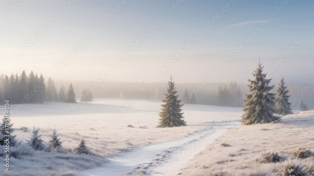Fototapeta premium Snow-covered landscape with pine trees on a misty winter morning