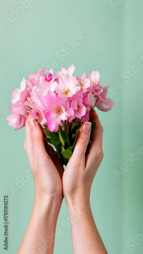 Delicate pink blooms in gentle hands against a soft green background