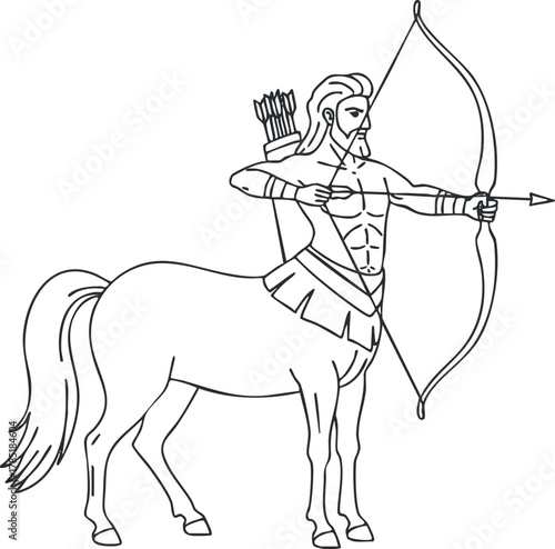 Outline vector illustration of a centaur archer, combining human and horse features, ideal for fantasy-themed projects