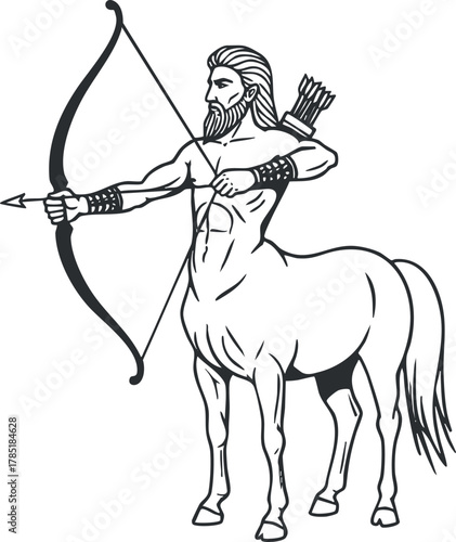 Outline vector illustration of a centaur archer, combining human and horse elements, ideal for fantasy design and storytelling.