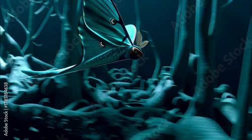 A luminous cinematic scene of a luna moth gliding through a glowing midnight forest. Bioluminescent light, silver-blue tones, and graceful motion create an ethereal atmosphere in stunning 4K realism.