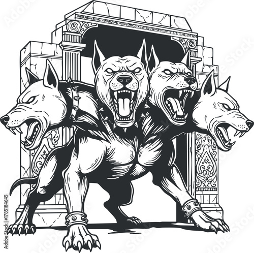 Bold black and white vector illustration of a three-headed dog guarding an ancient stone gate, perfect for fantasy and horror-themed projects