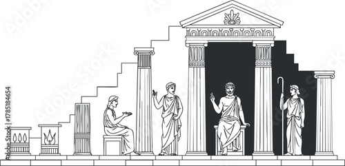 Line art illustration of an ancient Greek temple featuring statues of mythological figures and classic architectural elements.