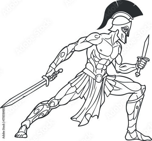 Dynamic line art vector illustration of a Spartan warrior wielding a sword, suitable for sports and mythology-themed designs
